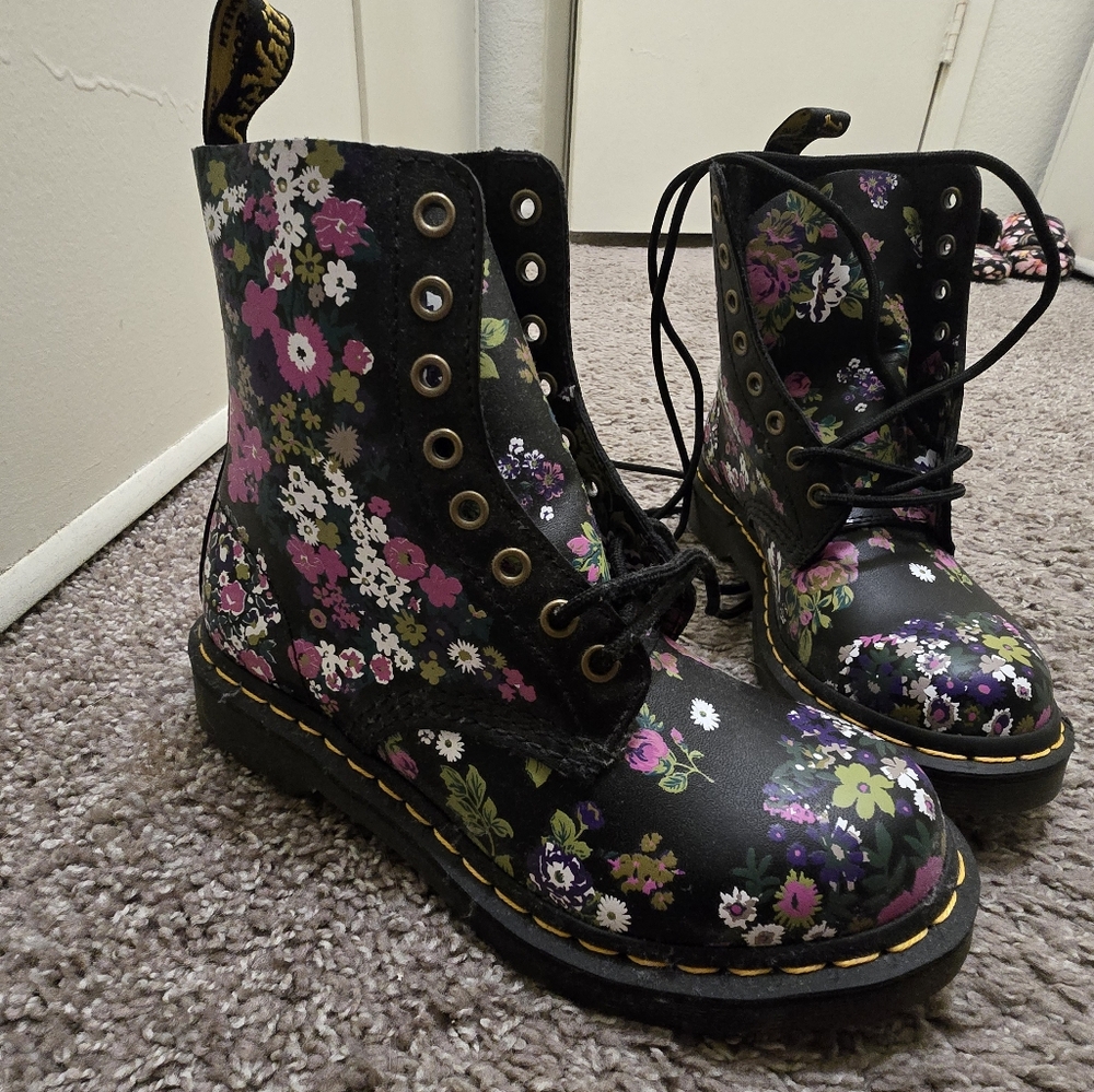 Dr. Martens Black and Pink Combat Boots with Floral Design